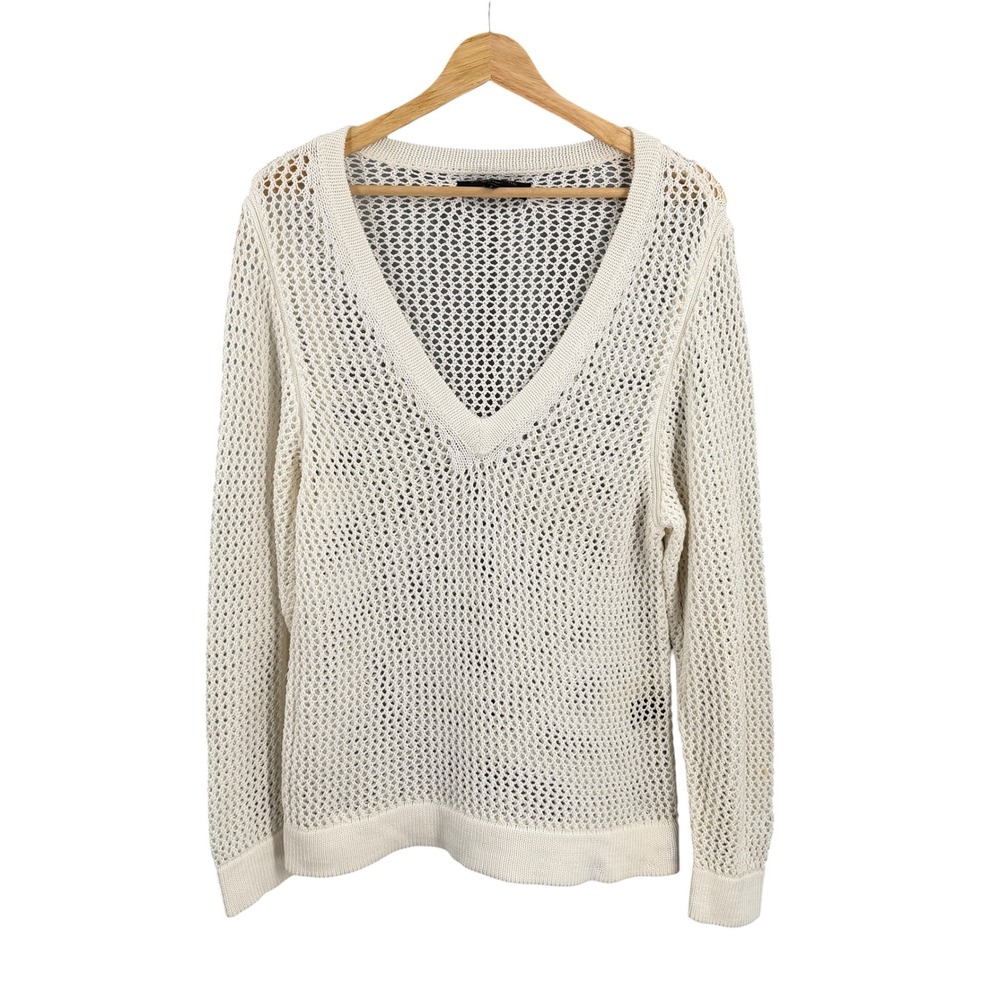 Rag & Bone Womens Open Knit Sweater White Cotton V-Neck Pullover Size Medium
